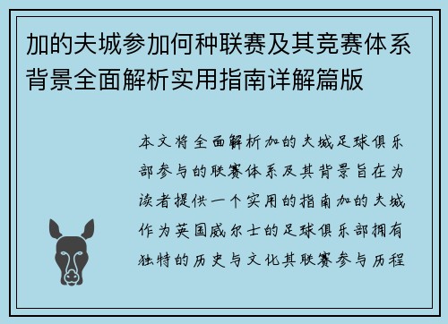加的夫城参加何种联赛及其竞赛体系背景全面解析实用指南详解篇版